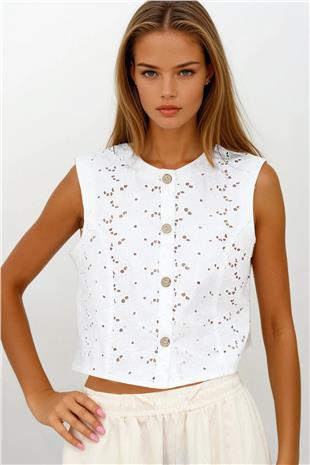 Kadın Beyaz Bisiklet Yaka Güpür Yelek VS00240