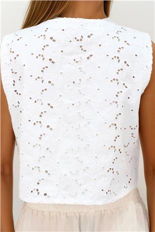 Kadın Beyaz Bisiklet Yaka Güpür Yelek VS00240