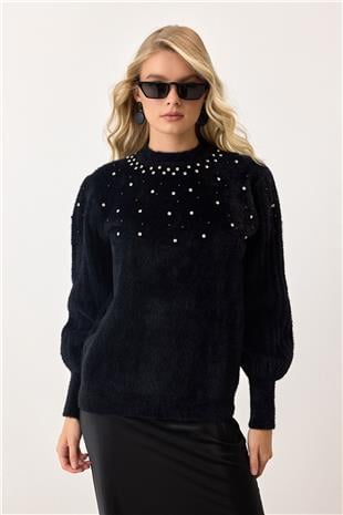 Kadın Siyah Bisiklet Yaka İncili Triko Kazak VS00901