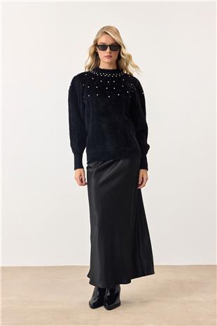 Kadın Siyah Bisiklet Yaka İncili Triko Kazak VS00901