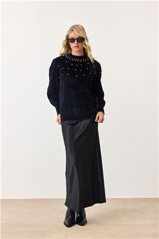 Kadın Siyah Bisiklet Yaka İncili Triko Kazak VS00901