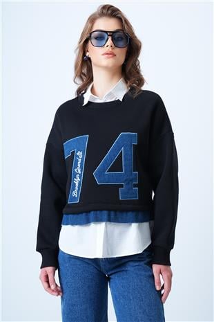 Kadın Siyah Bisiklet Yaka Jean Garneli Ve Nakışlı Şardonlu Tasarım Sweatshirt VS01184