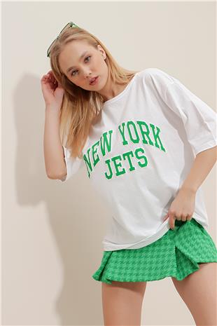 Bisiklet Yaka Kabartma Baskılı Oversize T-Shirt - Beyaz