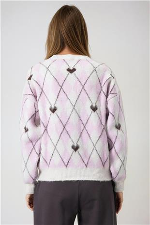 Kadın Pembe Bisiklet Yaka Kalp Ve Bakalava Desenli Yumoş Kazak VS01008