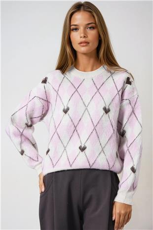 Kadın Pembe Bisiklet Yaka Kalp Ve Bakalava Desenli Yumoş Kazak VS01008