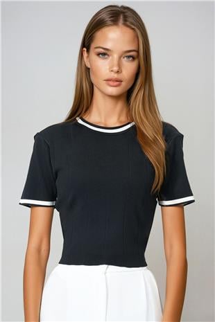 Kadın Siyah Bisiklet Yaka Kısa Kollu Triko Bluz VS01060
