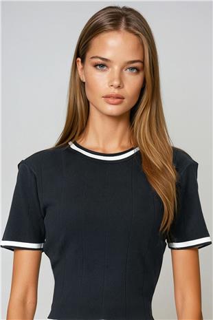 Kadın Siyah Bisiklet Yaka Kısa Kollu Triko Bluz VS01060