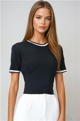 Kadın Siyah Bisiklet Yaka Kısa Kollu Triko Bluz VS01060