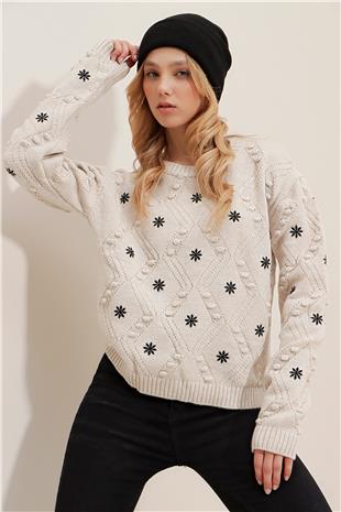 Kadın Bej Bisiklet Yaka Motifli Nakış İşlemeli Triko Kazak ALC-X9633