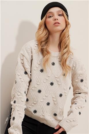 Kadın Bej Bisiklet Yaka Motifli Nakış İşlemeli Triko Kazak ALC-X9633