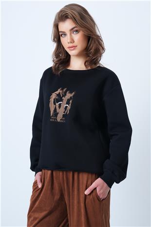 Kadın Siyah Bisiklet Yaka Nakışlı  İçi Şardonlu 3 İplik Sweatshirt VS01177
