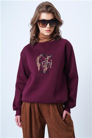 Kadın Bordo Bisiklet Yaka Nakışlı  İçi Şardonlu 3 İplik Sweatshirt VS01177