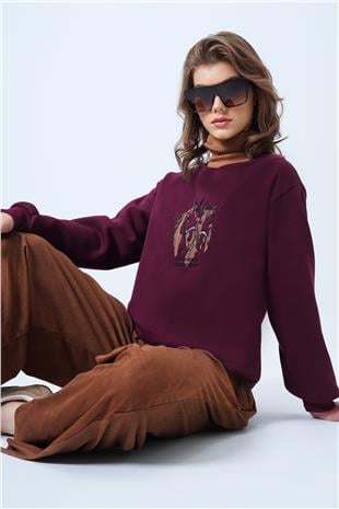 Kadın Bordo Bisiklet Yaka Nakışlı  İçi Şardonlu 3 İplik Sweatshirt VS01177