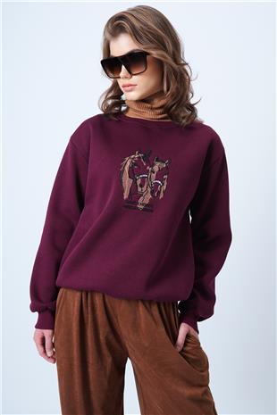 Kadın Bordo Bisiklet Yaka Nakışlı  İçi Şardonlu 3 İplik Sweatshirt VS01177