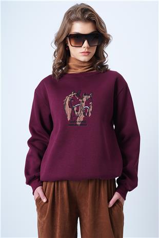 Kadın Bordo Bisiklet Yaka Nakışlı  İçi Şardonlu 3 İplik Sweatshirt VS01177