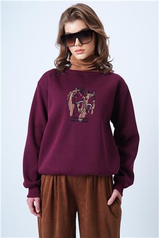 Kadın Bordo Bisiklet Yaka Nakışlı  İçi Şardonlu 3 İplik Sweatshirt VS01177