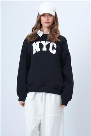 Kadın Siyah Bisiklet Yaka Nakışlı Ribanalı Uzun Kollu Sweatshirt VS01322