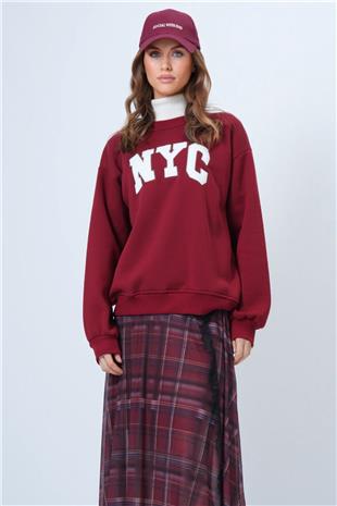 Kadın Bordo Bisiklet Yaka Nakışlı Ribanalı Uzun Kollu İçi Şardonlu 3 İplik Sweatshirt VS01322