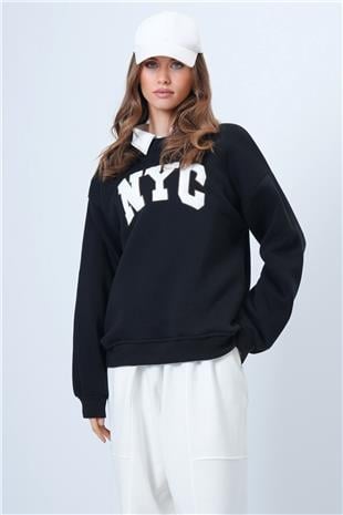 Kadın Siyah Bisiklet Yaka Nakışlı Ribanalı Uzun Kollu Sweatshirt VS01322
