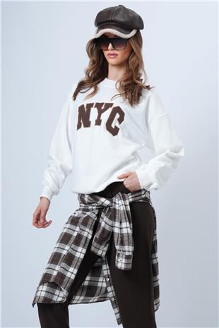 Kadın Ekru Bisiklet Yaka Nakışlı Ribanalı Uzun Kollu Sweatshirt VS01322