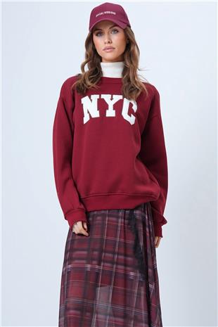 Kadın Bordo Bisiklet Yaka Nakışlı Ribanalı Uzun Kollu İçi Şardonlu 3 İplik Sweatshirt VS01322