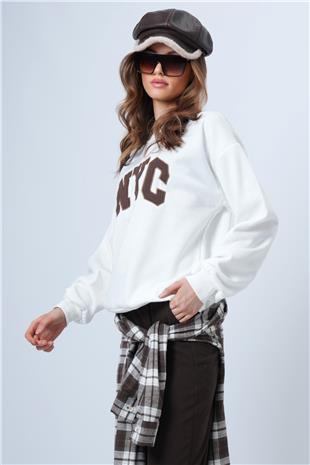 Kadın Ekru Bisiklet Yaka Nakışlı Ribanalı Uzun Kollu Sweatshirt VS01322