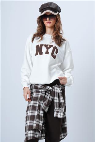 Kadın Ekru Bisiklet Yaka Nakışlı Ribanalı Uzun Kollu Sweatshirt VS01322
