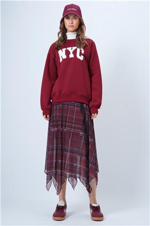 Kadın Bordo Bisiklet Yaka Nakışlı Ribanalı Uzun Kollu İçi Şardonlu 3 İplik Sweatshirt VS01322