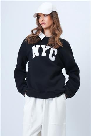 Kadın Siyah Bisiklet Yaka Nakışlı Ribanalı Uzun Kollu Sweatshirt VS01322