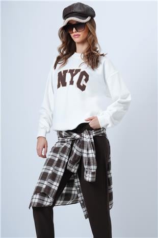 Kadın Ekru Bisiklet Yaka Nakışlı Ribanalı Uzun Kollu Sweatshirt VS01322