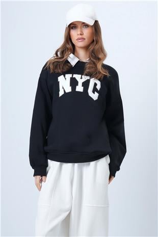 Kadın Siyah Bisiklet Yaka Nakışlı Ribanalı Uzun Kollu Sweatshirt VS01322