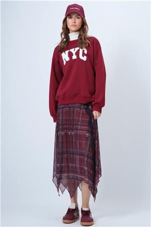 Kadın Bordo Bisiklet Yaka Nakışlı Ribanalı Uzun Kollu İçi Şardonlu 3 İplik Sweatshirt VS01322