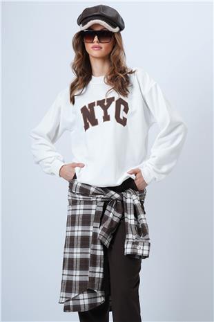 Kadın Ekru Bisiklet Yaka Nakışlı Ribanalı Uzun Kollu Sweatshirt VS01322