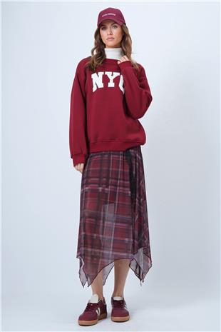 Kadın Bordo Bisiklet Yaka Nakışlı Ribanalı Uzun Kollu İçi Şardonlu 3 İplik Sweatshirt VS01322