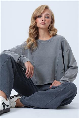 Kadın Gri Bisiklet Yaka Nervür Dikişli Yıkamalı Likralı Modal Sweatshirt ALC-X14525