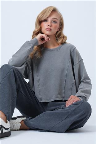 Kadın Gri Bisiklet Yaka Nervür Dikişli Yıkamalı Likralı Modal Sweatshirt ALC-X14525