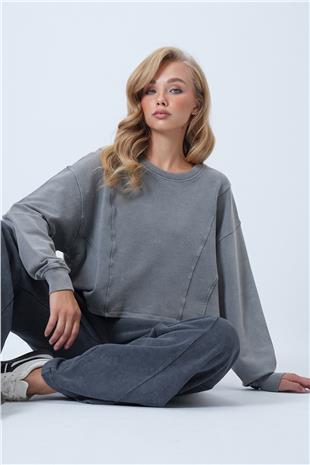 Kadın Gri Bisiklet Yaka Nervür Dikişli Yıkamalı Likralı Modal Sweatshirt ALC-X14525
