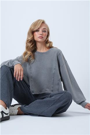 Kadın Gri Bisiklet Yaka Nervür Dikişli Yıkamalı Likralı Modal Sweatshirt ALC-X14525