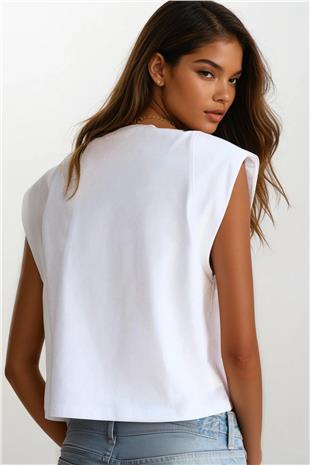 Kadın Beyaz Bisiklet Yaka Omuzları Vatkalı Kolsuz T-Shırt ALC-X14181