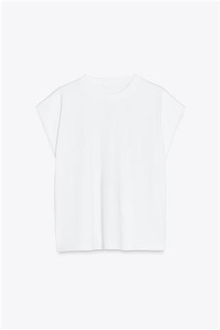 Kadın Beyaz Bisiklet Yaka Omuzları Vatkalı Kolsuz T-Shırt ALC-X14181