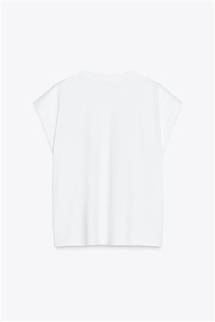 Kadın Beyaz Bisiklet Yaka Omuzları Vatkalı Kolsuz T-Shırt ALC-X14181