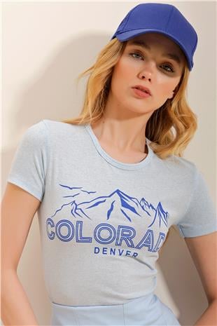 Bisiklet Yaka Önü Baskılı Fitted T-Shirt - Mavi