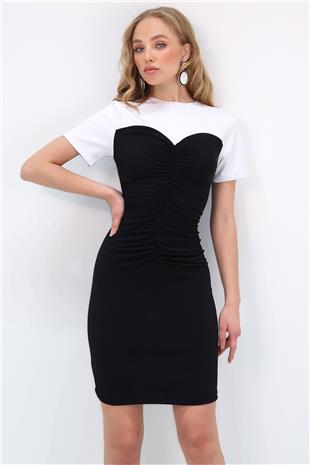 Kadın Siyah Bisiklet Yaka Önü Drapeli Renk Bloklu Sandy Elbise ALC-X11583