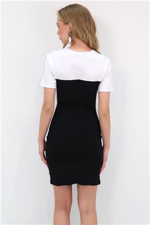 Kadın Siyah Bisiklet Yaka Önü Drapeli Renk Bloklu Sandy Elbise ALC-X11583
