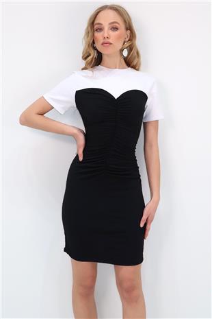 Kadın Siyah Bisiklet Yaka Önü Drapeli Renk Bloklu Sandy Elbise ALC-X11583