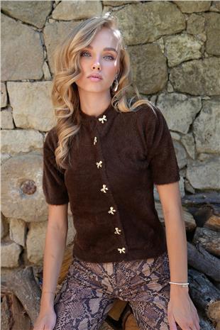 Kadın Kahverengi Bisiklet Yaka Önü Düğmeli Bisiklet Yaka Tüylü Triko Hırka ALC-X14483