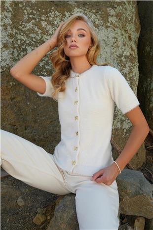 Kadın Ekru Bisiklet Yaka Önü Düğmeli Bisiklet Yaka Tüylü Triko Hırka ALC-X14483