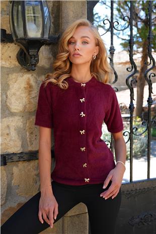 Kadın Bordo Bisiklet Yaka Önü Düğmeli Bisiklet Yaka Tüylü Triko Hırka ALC-X14483