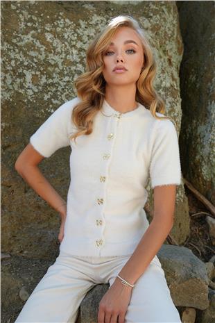 Kadın Ekru Bisiklet Yaka Önü Düğmeli Bisiklet Yaka Tüylü Triko Hırka ALC-X14483