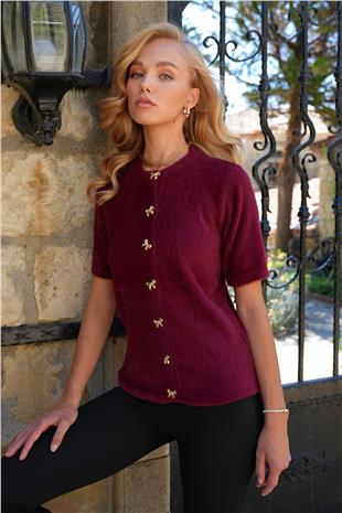 Kadın Bordo Bisiklet Yaka Önü Düğmeli Bisiklet Yaka Tüylü Triko Hırka ALC-X14483
